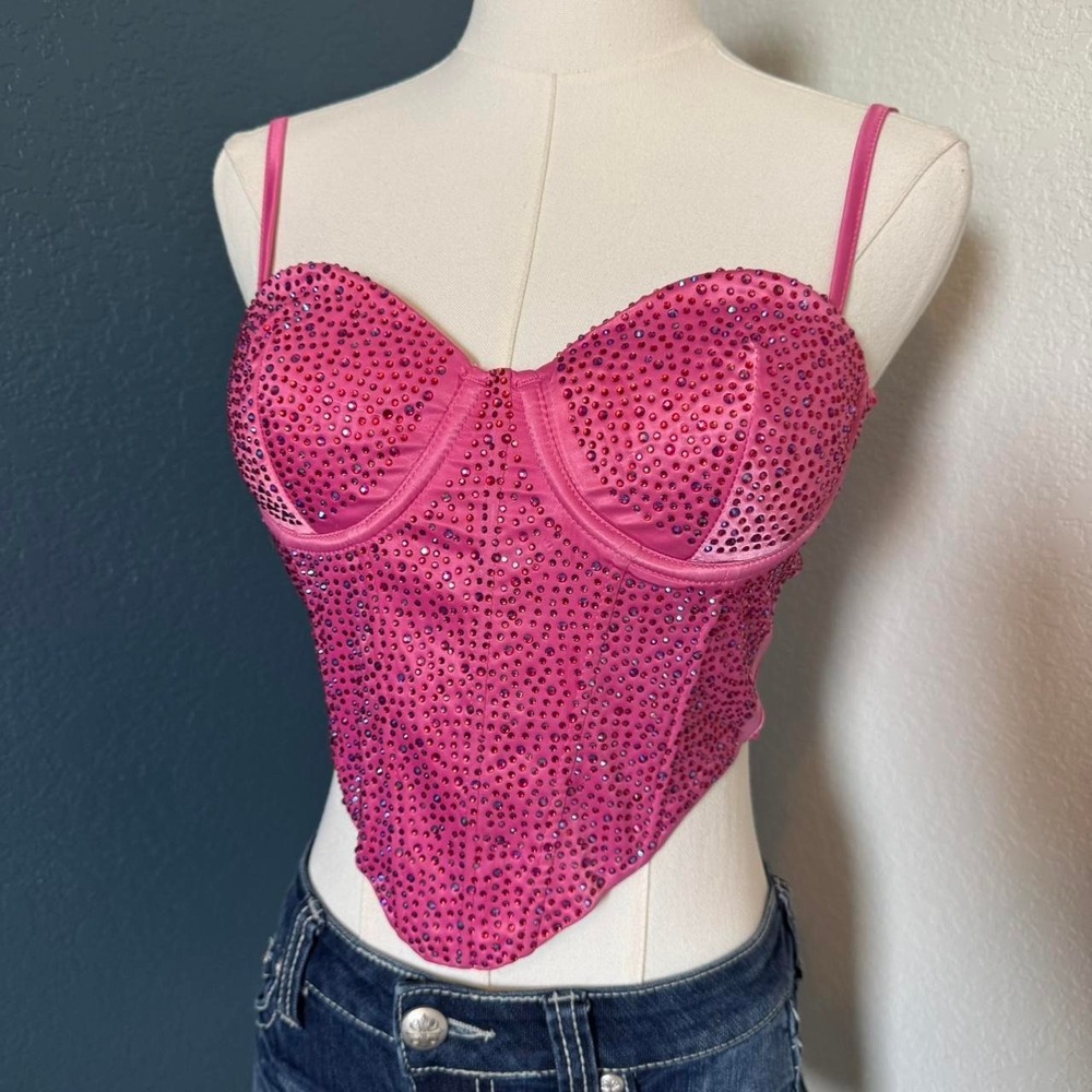 Hot Pink Rhinestone Corset Bustier Bedazzled Party Top, XS